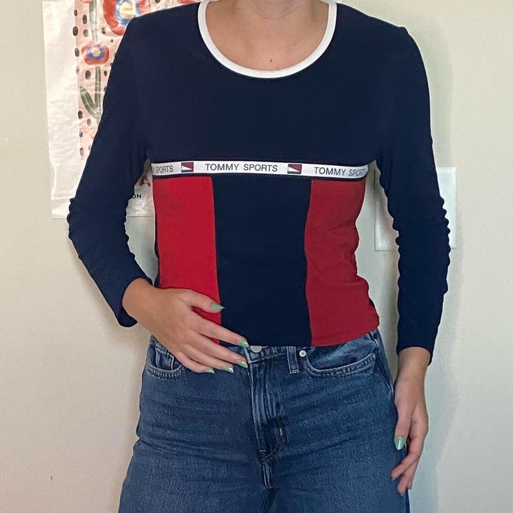 Vintage Tommy Hilfiger Navy and Red Long Sleeve Top